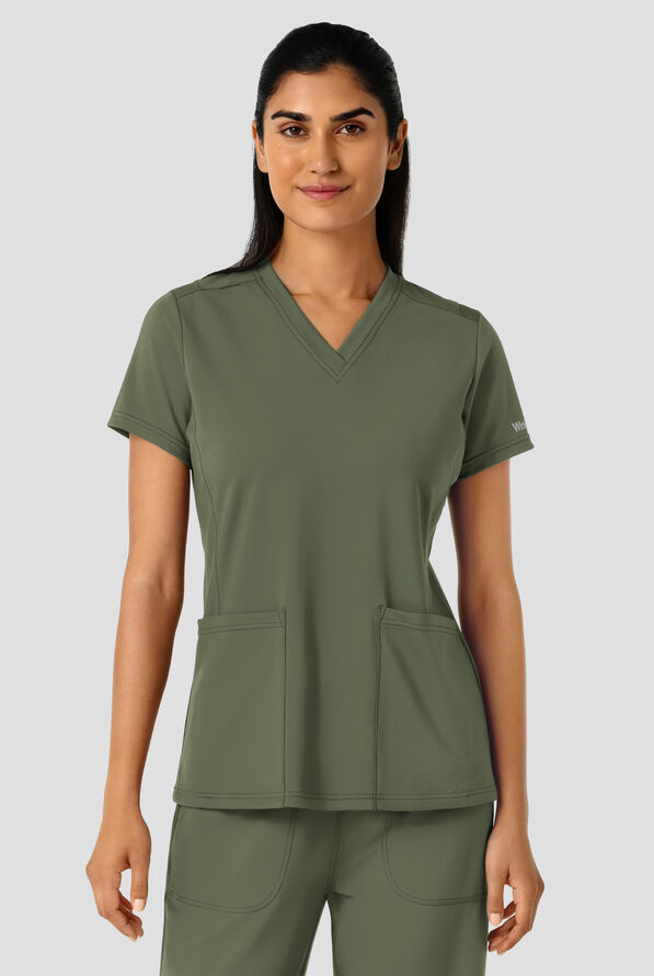 Wink Renew Knit Women's 2-Pocket STRETCH Flex N Reach Panel V-Neck Scrub Top - Olive - 3