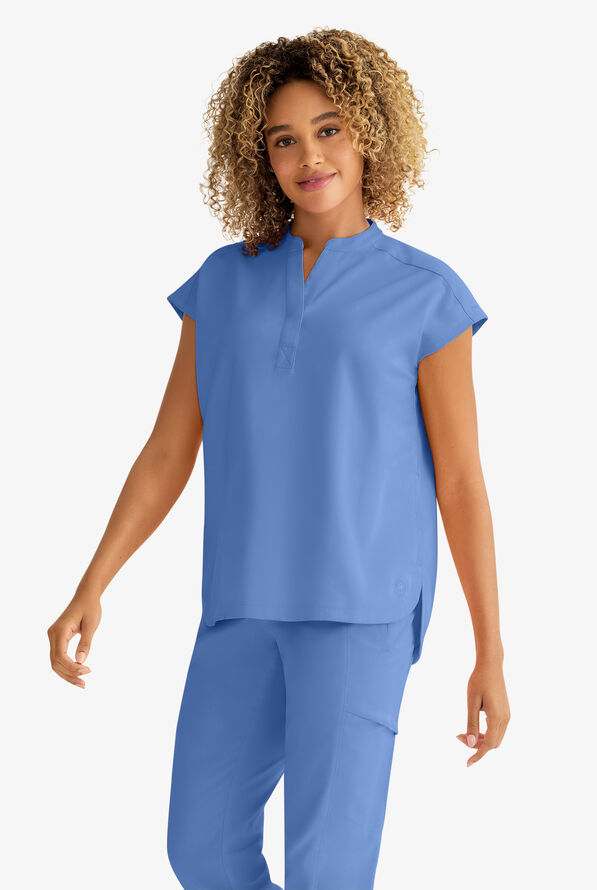 Healing Hands Purple Label Journey Women's 2-Pocket STRETCH Dolman Sleeve Mandarin Collar Scrub Top - Ceil Blue - 3