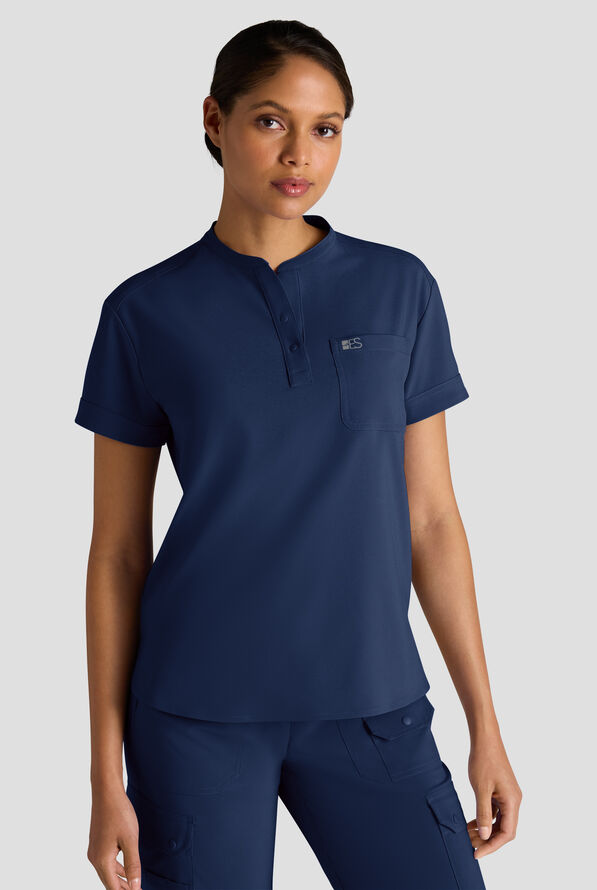 Easy STRETCH Bella Women's 1-Pocket Henley Scrub Top - Navy - 1