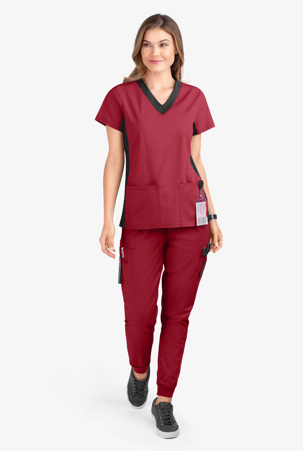 Butter-Soft STRETCH Women's 3-Pocket Contrast Scrub Top - Ruby/Black - 2