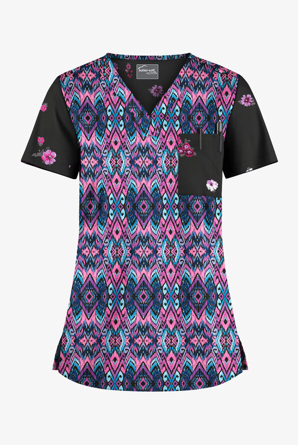 Butter-Soft STRETCH Cantik Ikat & Floral Women's 1-Pocket Tuck-In V-Neck Mixed Print Scrub Top - null - 1