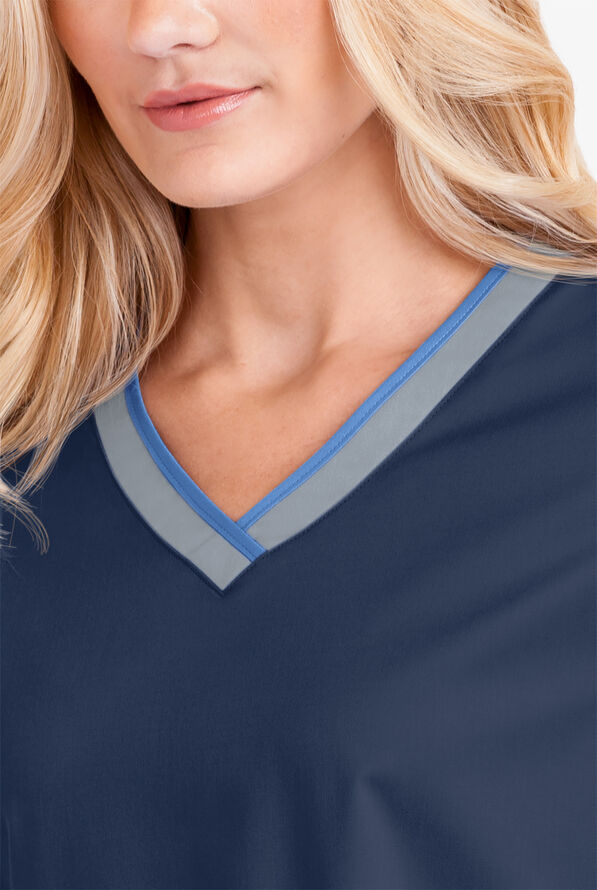 Butter-Soft STRETCH Women's 4-Pocket Active Rounded V-Neck Scrub Top - Navy/Silver/Ceil - 3