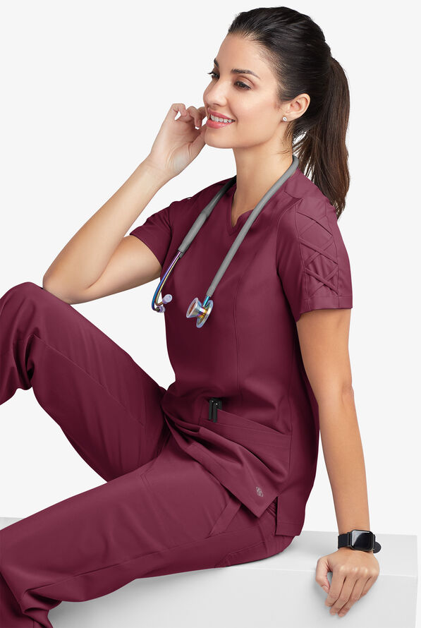 Easy STRETCH Kylie Woman's 5 Pocket V-Neck With Criss-Cross Detail Scrub Top - Wine - 8