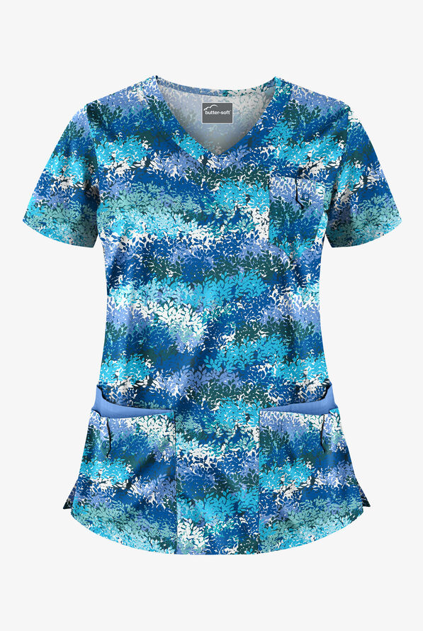 Butter-Soft Autumn Time Royal Women's 5-Pocket Rounded V-Neck Print Scrub Top - null - 1