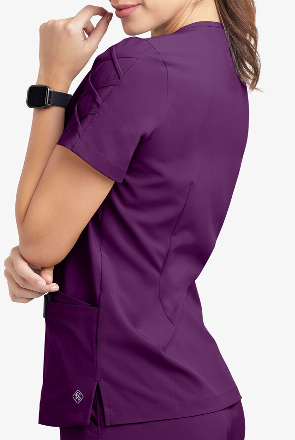 Easy STRETCH Kylie Woman's 5 Pocket V-Neck With Criss-Cross Detail Scrub Top - Eggplant - 7