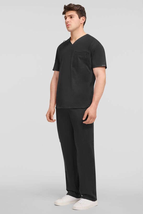Cherokee Achieve Men's 3-Pocket STRETCH Relaxed V-Neck Knit Scrub Top - Black - 4