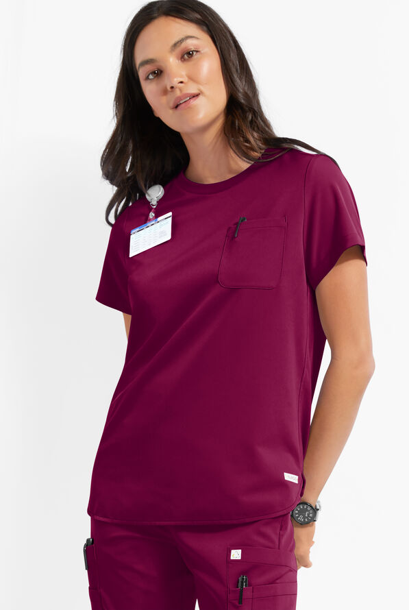 ReSurge Citrine Women's 1-Pocket Crew Neck Tuck In / Wear Out Scrub Top - Wine - 2