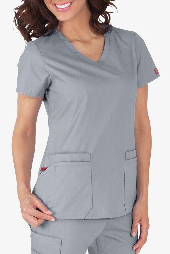 Blusa m&eacute;dica Dickies EDS Signature de corte contempor&aacute;neo con cuello en V y 6 bolsillos para mujer - Grey - 4