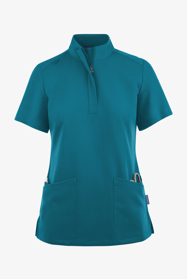 Movement by Butter-Soft Lyrae Women’s 6-Pocket Zip Closure Neck Scrub Top - Caribbean Blue - 1