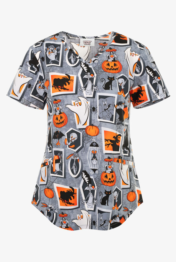 Tooniforms Looney Tunes Tweety Fright Women's 2-Pocket STRETCH V-Neck Print Scrub Top - null - 1