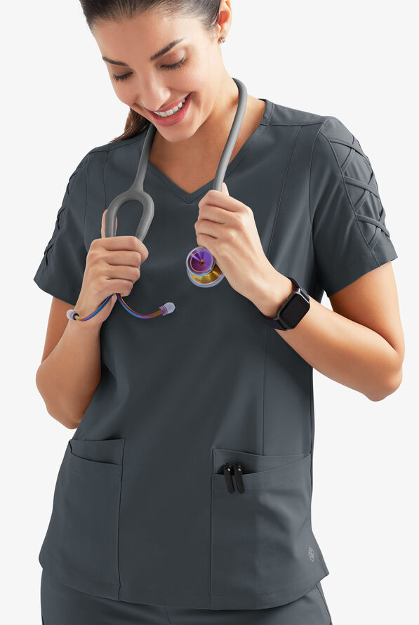 Easy STRETCH Kylie Woman's 5 Pocket V-Neck With Criss-Cross Detail Scrub Top - Pewter - 3
