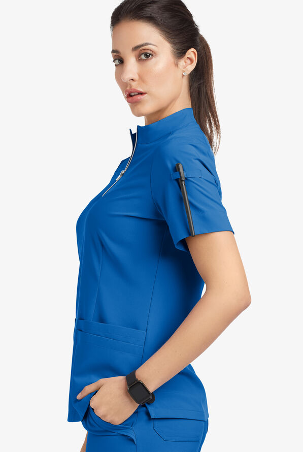 Easy STRETCH Jen Women's 4-Pocket Zip-Neck Short Sleeve Scrub Top - Royal - 5