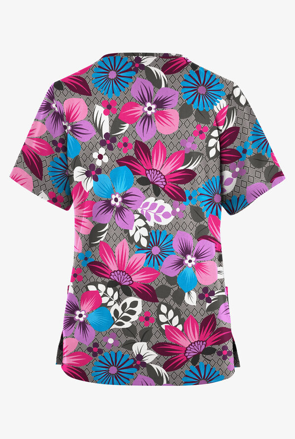 Butter-Soft Originals Maui Floral Pewter Women's 2-Pocket V-Neck Print Scrub Top - null - 2