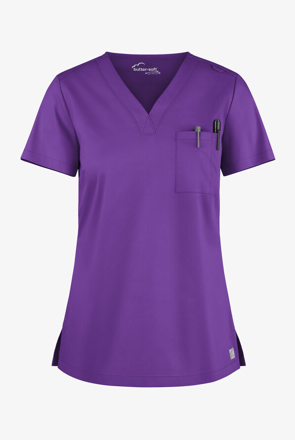 Butter-Soft STRETCH Women's 2-Pocket V-Neck Tuck-In Scrub Top - Liberty Purple - 1