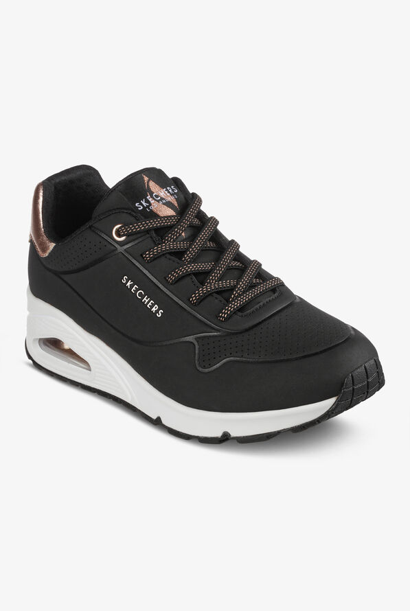 Skechers Street Women's Uno Black/Rose Gold Durabuck Athletic Lace Up Nursing Shoes - null - 5