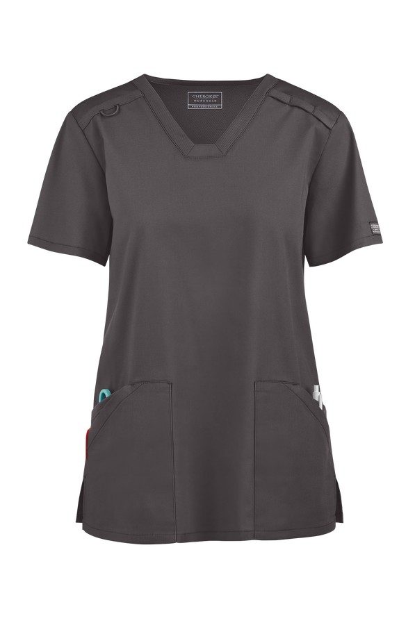 UA Exclusive Cherokee Workwear Professionals Active Women's 4-Pocket STRETCH V-Neck Scrub Top - Pewter - 1