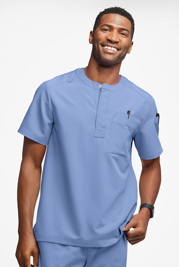 MOVEMENT by Butter-Soft Eclipse Men's 4-Pocket Short Sleeve Henley Scrub Top - Ceil Blue - 2