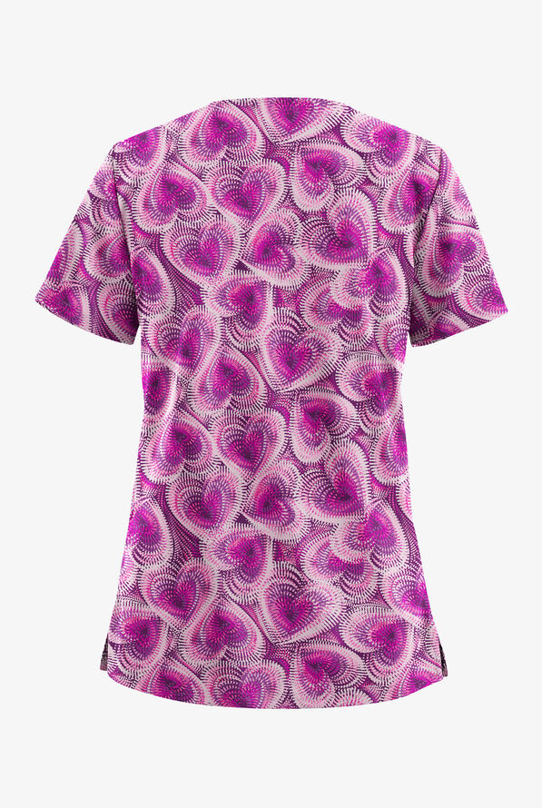 Butter-Soft STRETCH Kinetic Hearts Eggplant Women's 2-Pocket V-Neck Print Scrub Top - null - 2