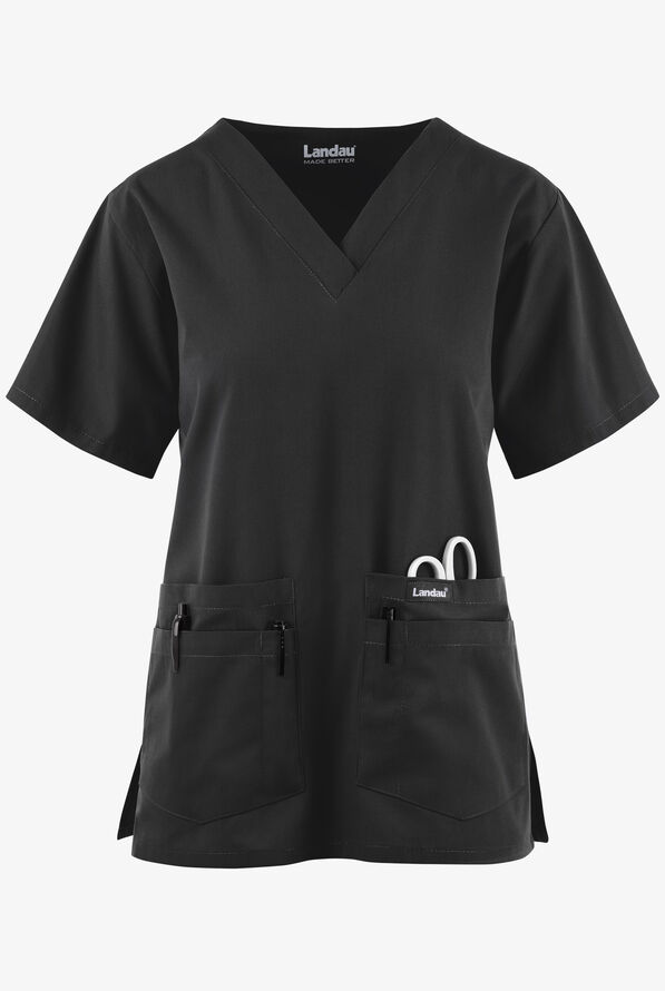 Landau Women's 4-Pocket V-Neck Scrub Top - Black - 1
