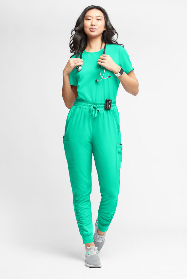 WhisperLite Calla Women's 6-Pocket Ruched Leg Cargo Scrub Pants - Dynasty Green - 2