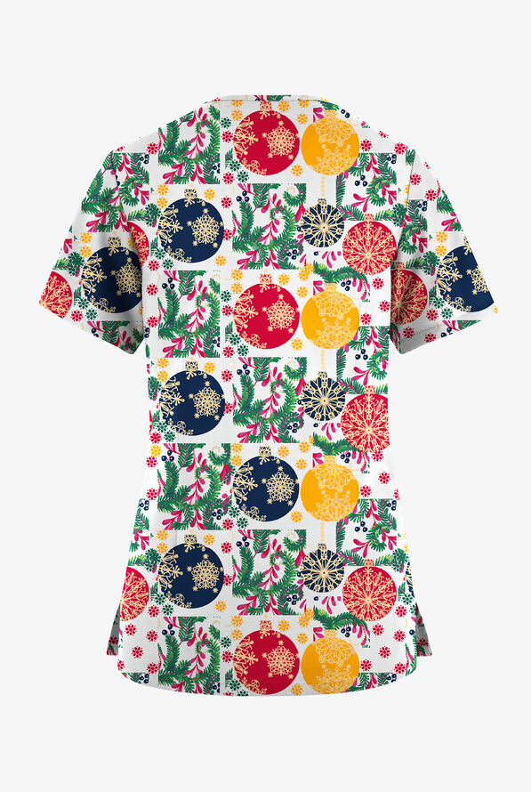 Butter-Soft Originals White Baubles And Berries Women's 7-Pocket Rounded V-Neck Print Scrub Top - null - 2