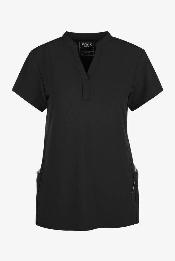 Wink Renew Women's 4-Pocket STRETCH Mandarin Collar Scrub Top - Black - 1