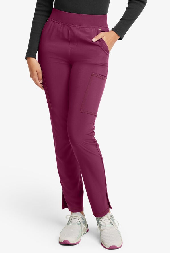 Dickies Riveting Women's 6-Pocket STRETCH Rib-Knit Waist Contrast Stitching Cargo Scrub Pants - Wine - 1