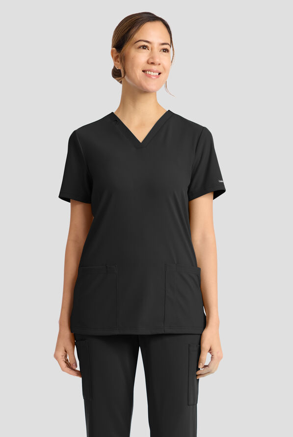 Cherokee Achieve Women's 2-Pocket STRETCH Knit V-Neck Scrub Top - Black - 2