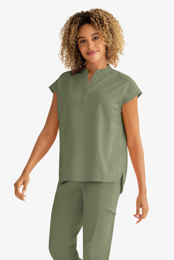 Healing Hands Purple Label Journey Women's 2-Pocket STRETCH Dolman Sleeve Mandarin Collar Scrub Top - Olive - 3