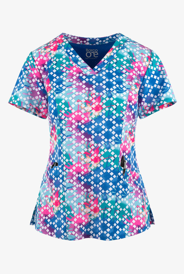 Barco One Sapphire Splendor Abstract Women's 4-Pocket STRETCH V-Neck Print Scrub Top - null - 1
