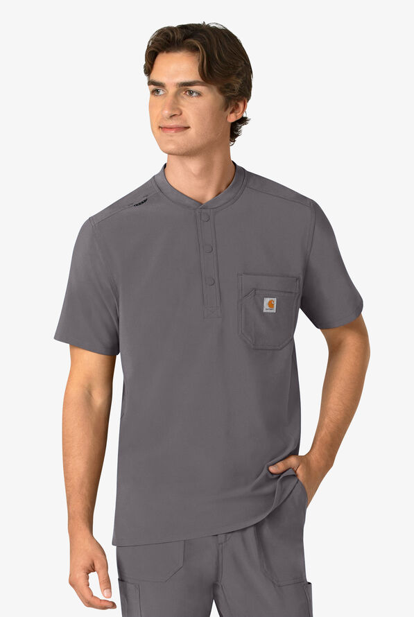 Carhartt Cross-Flex Men's 3-Pocket STRETCH Zip Pocket Henley Banded Collar Scrub Top - Pewter - 2