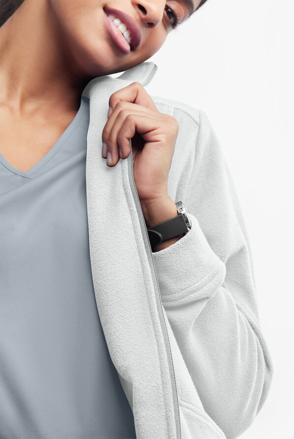 Butter-Soft STRETCH Women's 2-Pocket Zip Front Fleece Scrub Jacket - White - 3