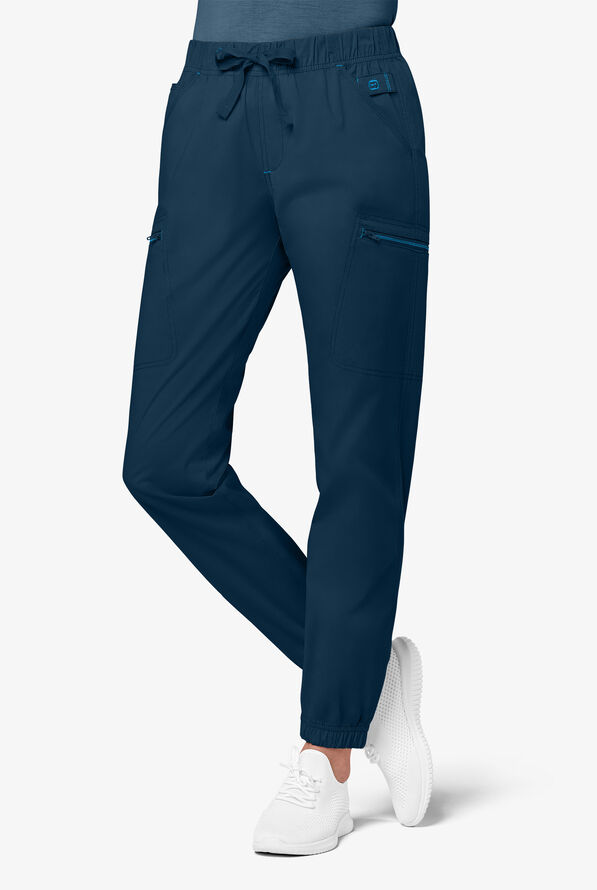 WonderWink WonderFLEX Women's 9-Pocket STRETCH Zip Cargo Jogger Scrub Pants - Petite - Navy/Malibu - 1