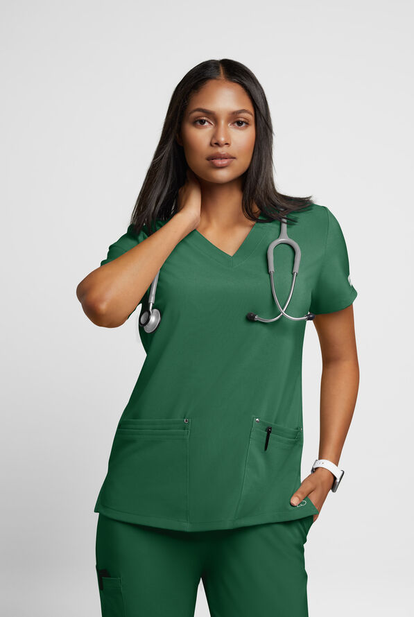 Easy STRETCH Lina Mitered Women's 4-Pocket V-Neck Scrub Top - Hunter - 2
