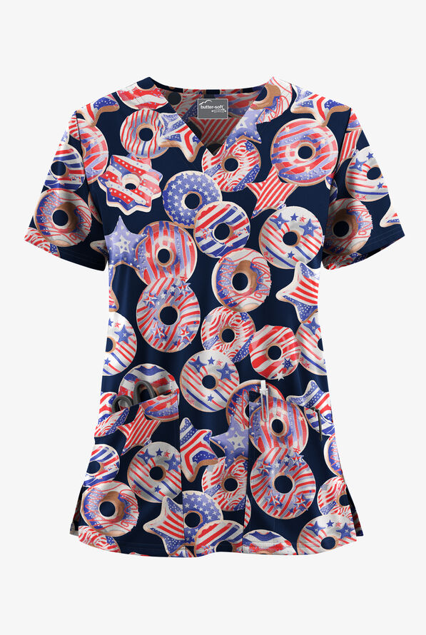 Butter-Soft STRETCH Sweet Liberty Navy Women's 2-Pocket V-Neck Print Scrub Top - null - 1