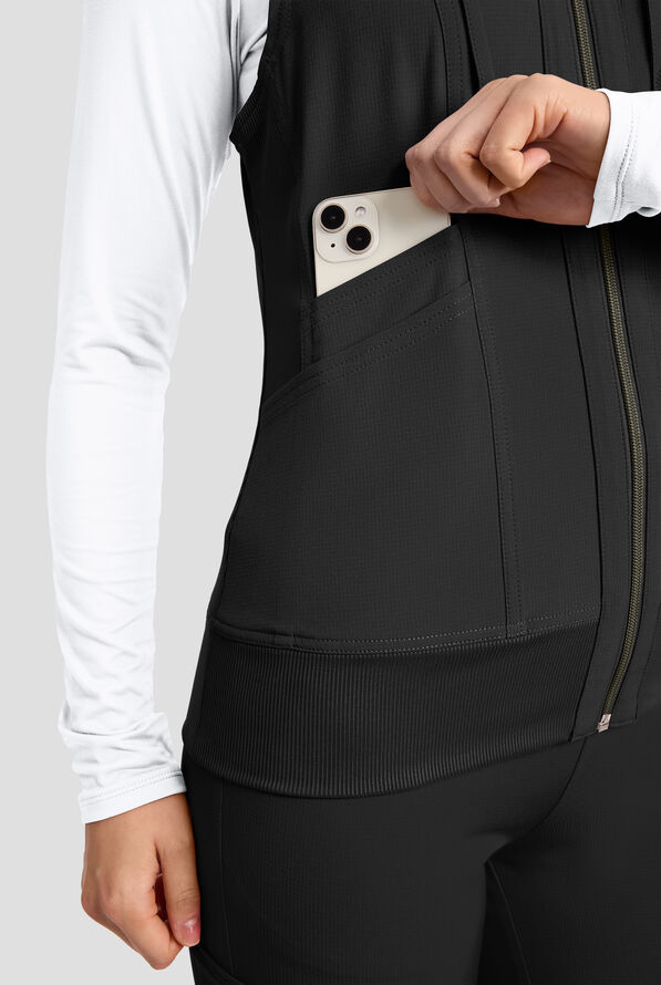 Med Couture Amp Women's 4-Pocket STRETCH Zip Front Removable Hoodie Scrub Vest - Black - 4