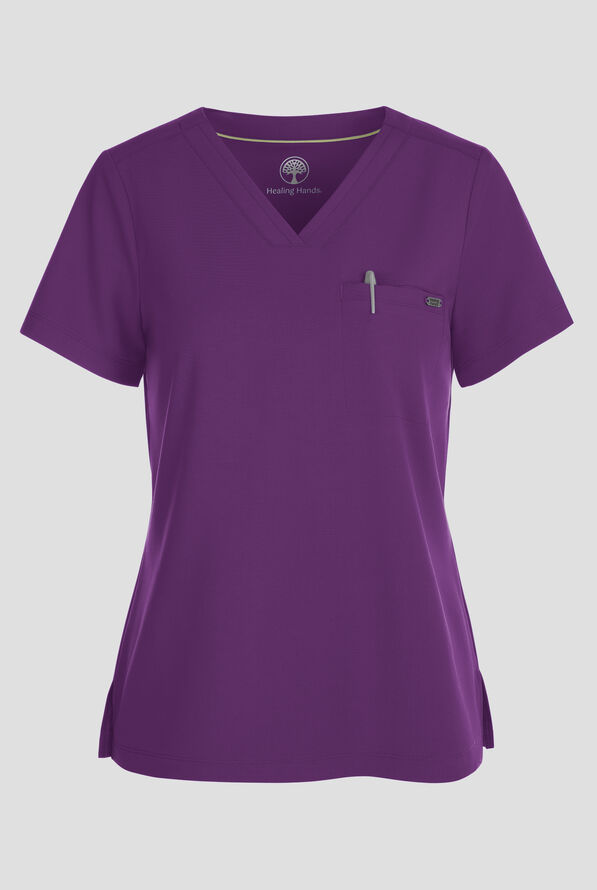 Healing Hands Quest Women's 1-Pocket STRETCH Tuck In V-Neck Scrub Top - Eggplant - 1