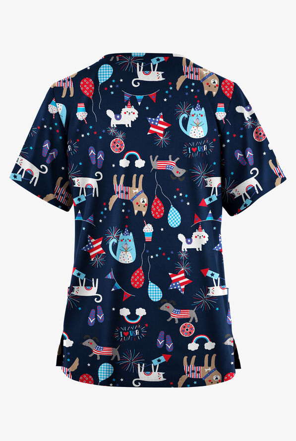 Butter-Soft Originals Patriotic Pets Navy Women's 2-Pocket V-Neck Print Scrub Top - null - 2