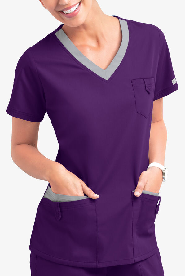 Butter-Soft Core Women's 5-Pocket Rounded V-Neck Scrub Top - Eggplant/Silver - 2