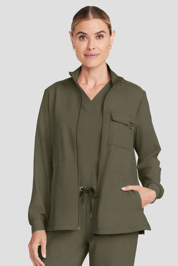 Healing Hands Quest Women's 4-Pocket STRETCH Zip Front Utility Scrub Jacket - Olive - 2