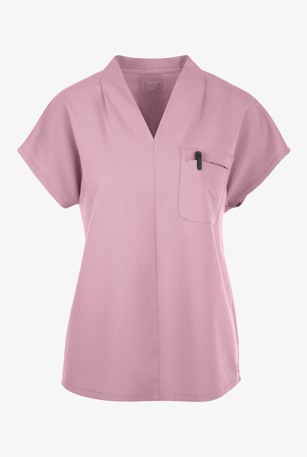 Cherokee Atmos Women's 1-Pocket STRETCH Dolman Sleeve Tuck In V-Neck Scrub Top - Mauve Haze - 1