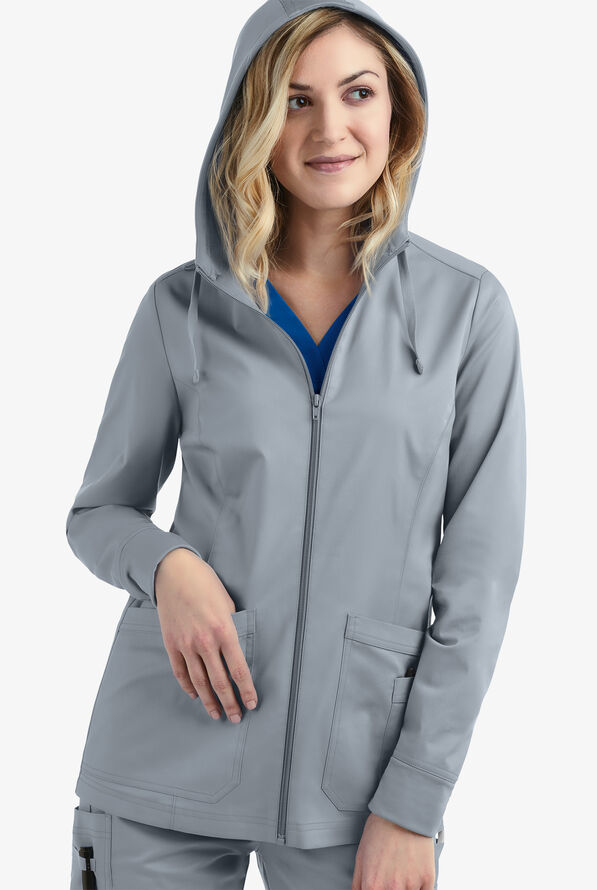 Butter-Soft STRETCH Women's 3-Pocket Zip-Front with Cozy Knit Hood and Trim Scrub Jacket - Silver - 3