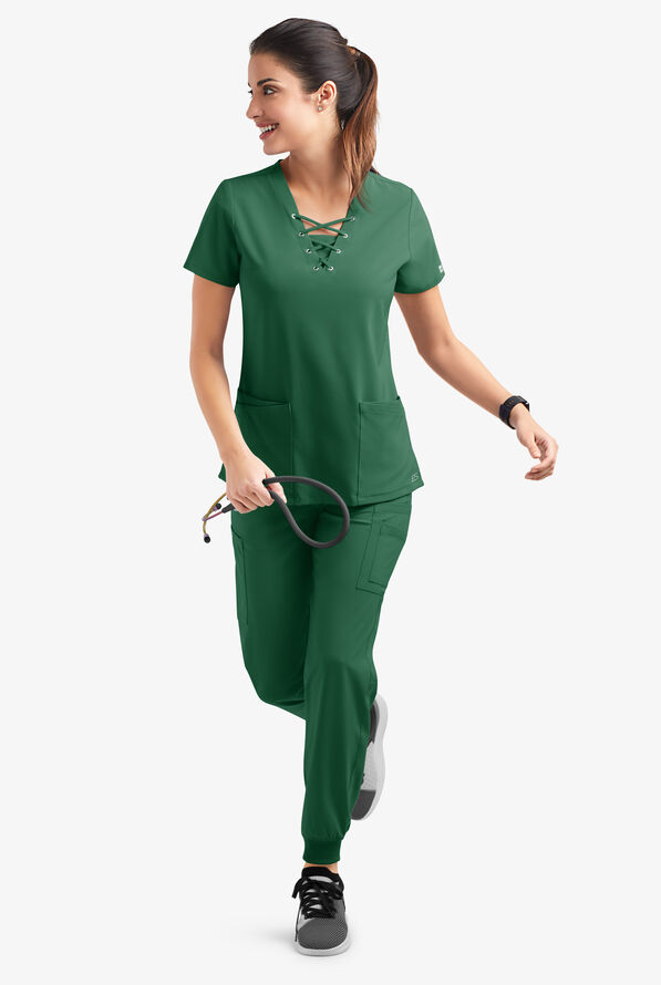 Easy STRETCH Gisele Women's 4-Pocket Lace Up V-Neck Scrub Top - Hunter - 6