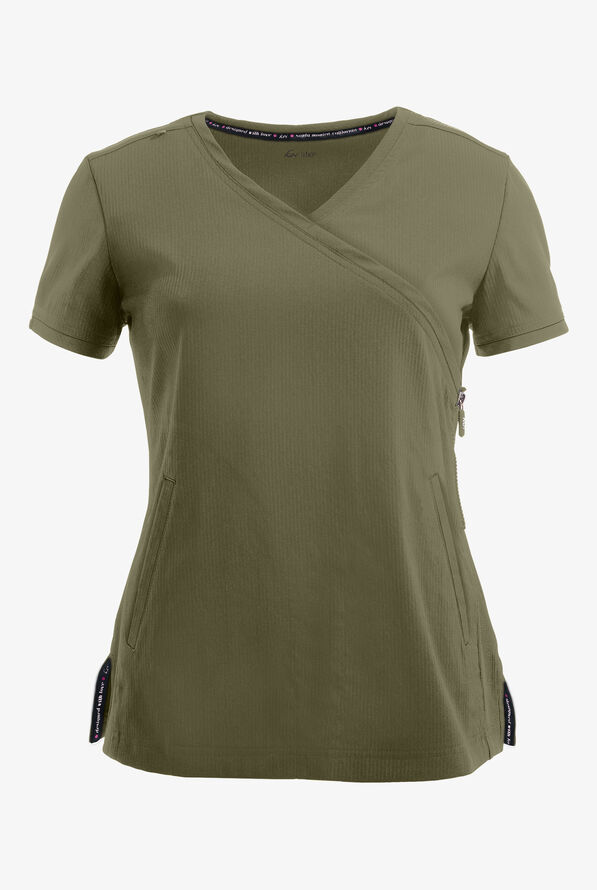 koi Lite™ Philosophy Women's 3-Pocket Mock Wrap Side Zipper Scrub Top - Olive - 1