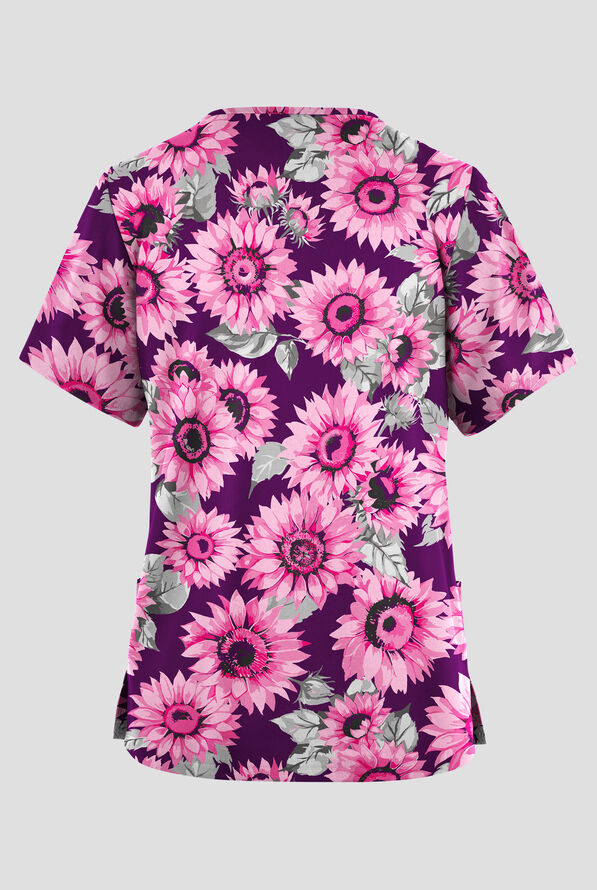 Butter-Soft Originals Sunflower Symphony Eggplant Women's 2-Pocket V-Neck Print Scrub Top - null - 2