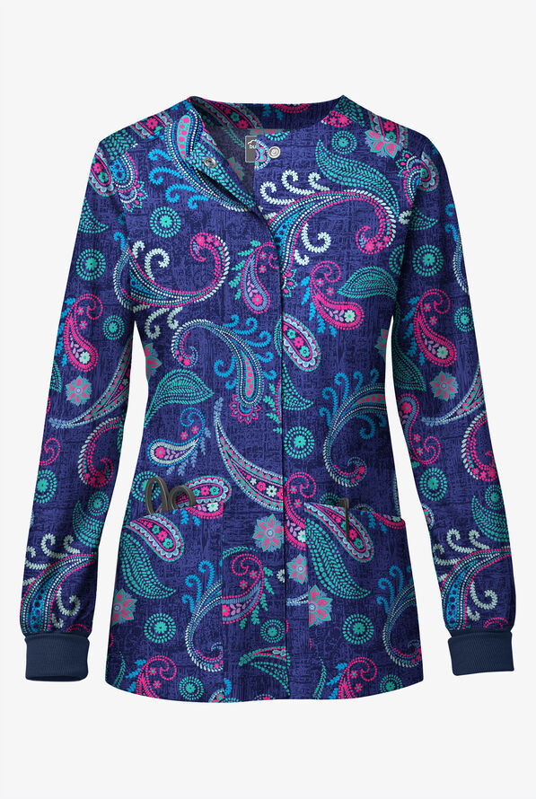 Butter-Soft STRETCH Vibrant Paisley Women's 3-Pocket Long Sleeve Snap Front Print Scrub Jacket - null - 1