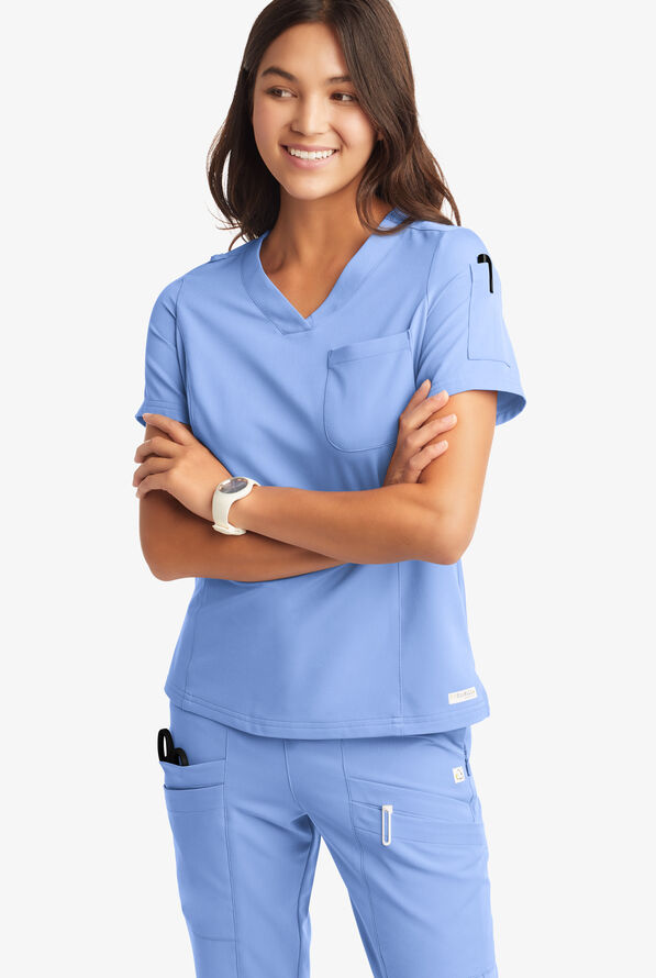 Butter-Soft Women's 3-Pocket V-Neck Tuck-In Scrub Top **Slightly IRREGULAR** - Ceil Blue - 6