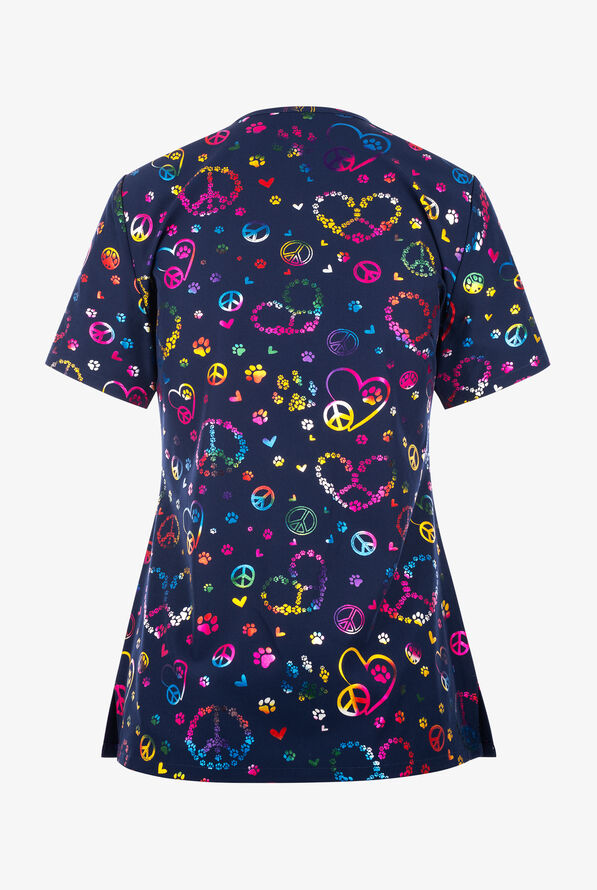 Green Town Peace & Paws Foil Women's 3-Pocket STRETCH V-Neck Print Scrub Top - null - 2
