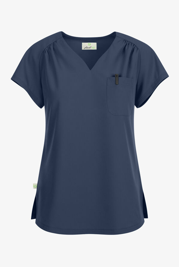 Planet koi Kallani Women's 1-Pocket STRETCH Rouched Shoulder Jewel Neck Scrub Top - Navy - 1