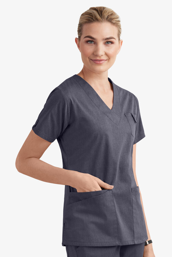 Butter-Soft STRETCH Women's 6-Pocket V-Neck Scrub Top - Indigo Denim - 7